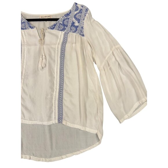Billabong Shirt Womens Medium White Blue Embroidered Boho Peasant Tassel Tunic - Picture 5 of 12